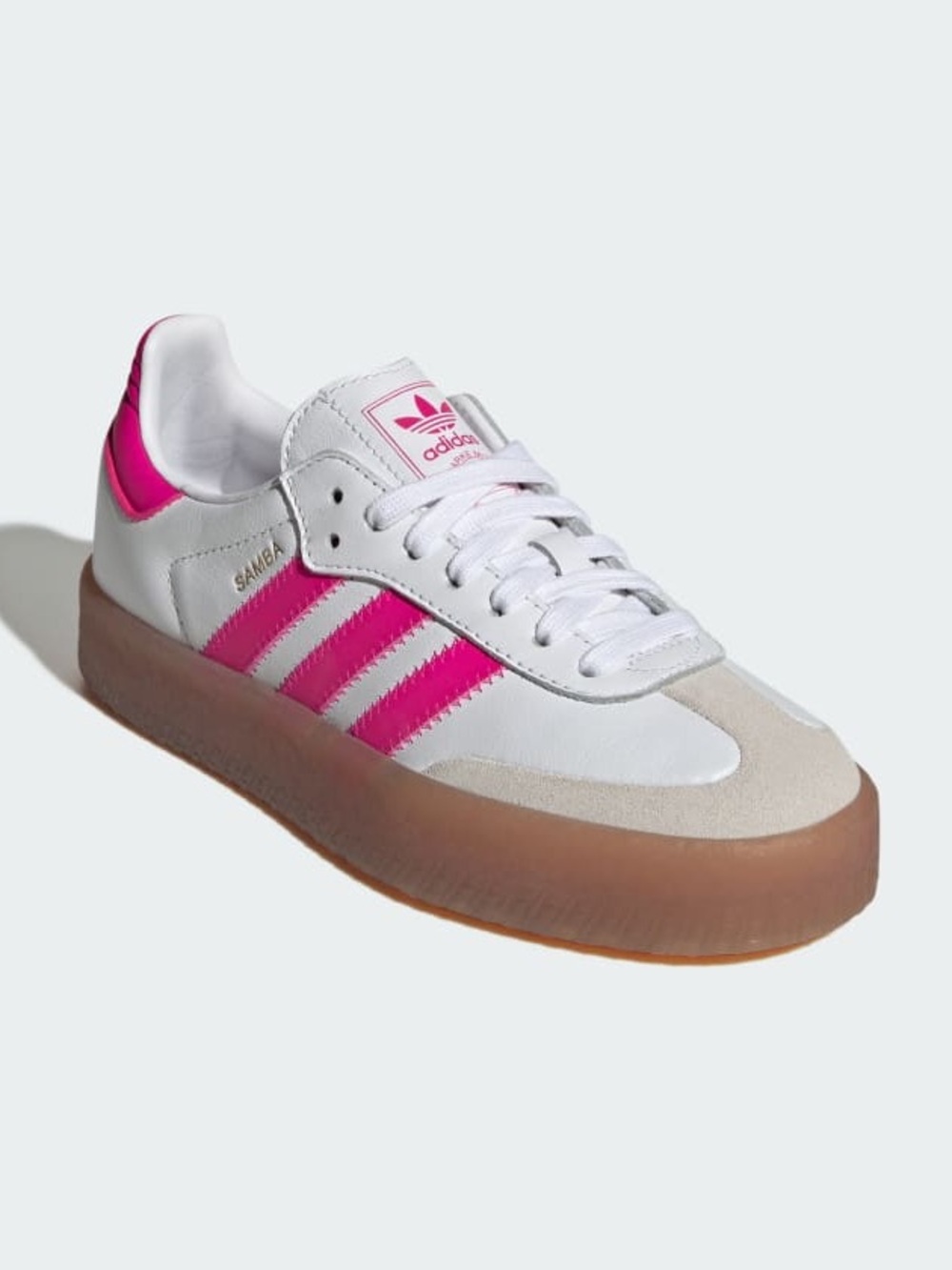 adidas White Sneakers with Bright Pink Stripes and Gum Sole NWT 9.5